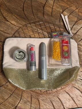 NWT Jane mascara with gold-accent glitter makeup pouch and assorted lipsticks